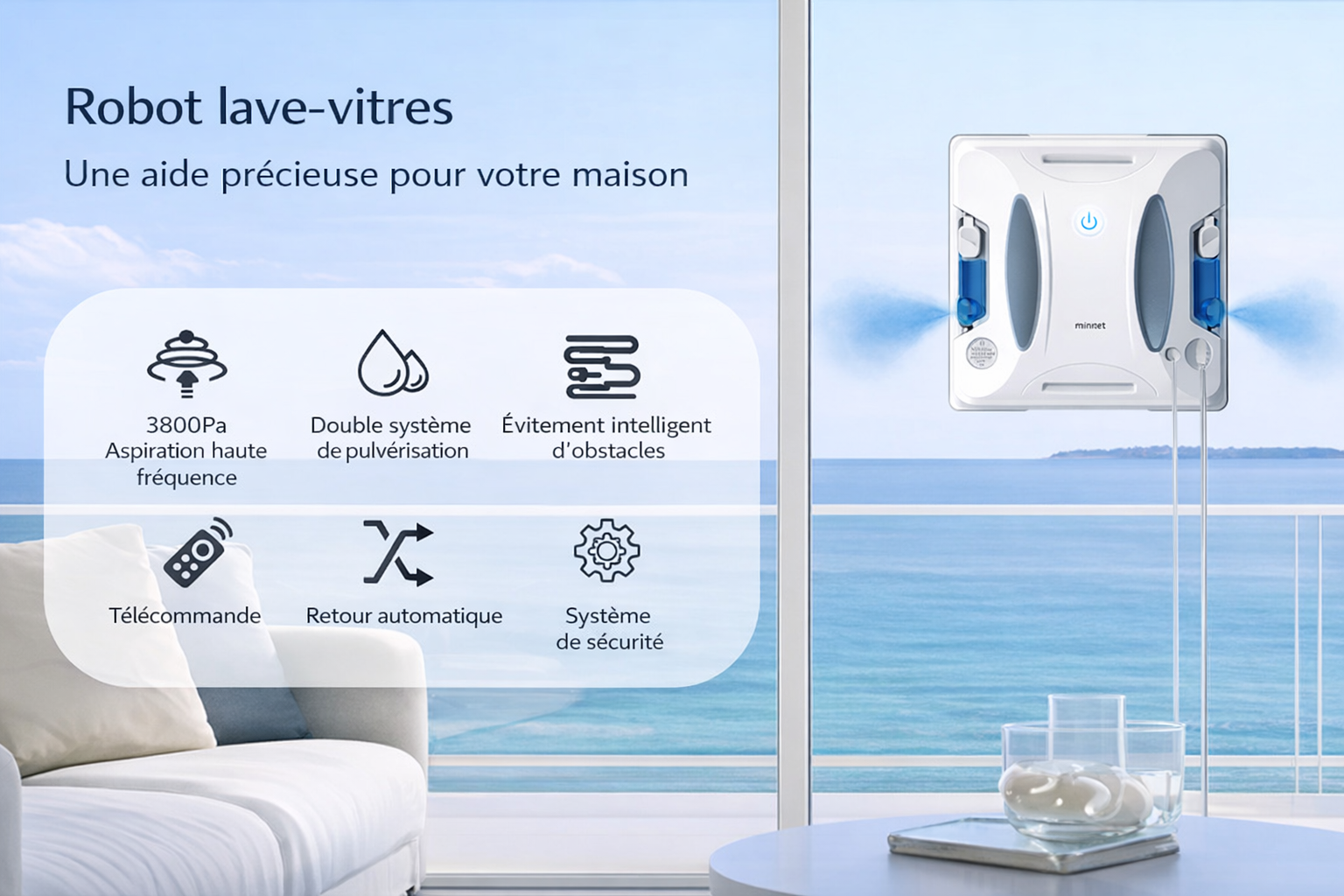 Robot Lave-Vitres 3+ Modes – Aspiration 3800 Pa, Application + Télécommande, Autonomie jusqu’à 180 min, , 2  Spray Ultrasonique