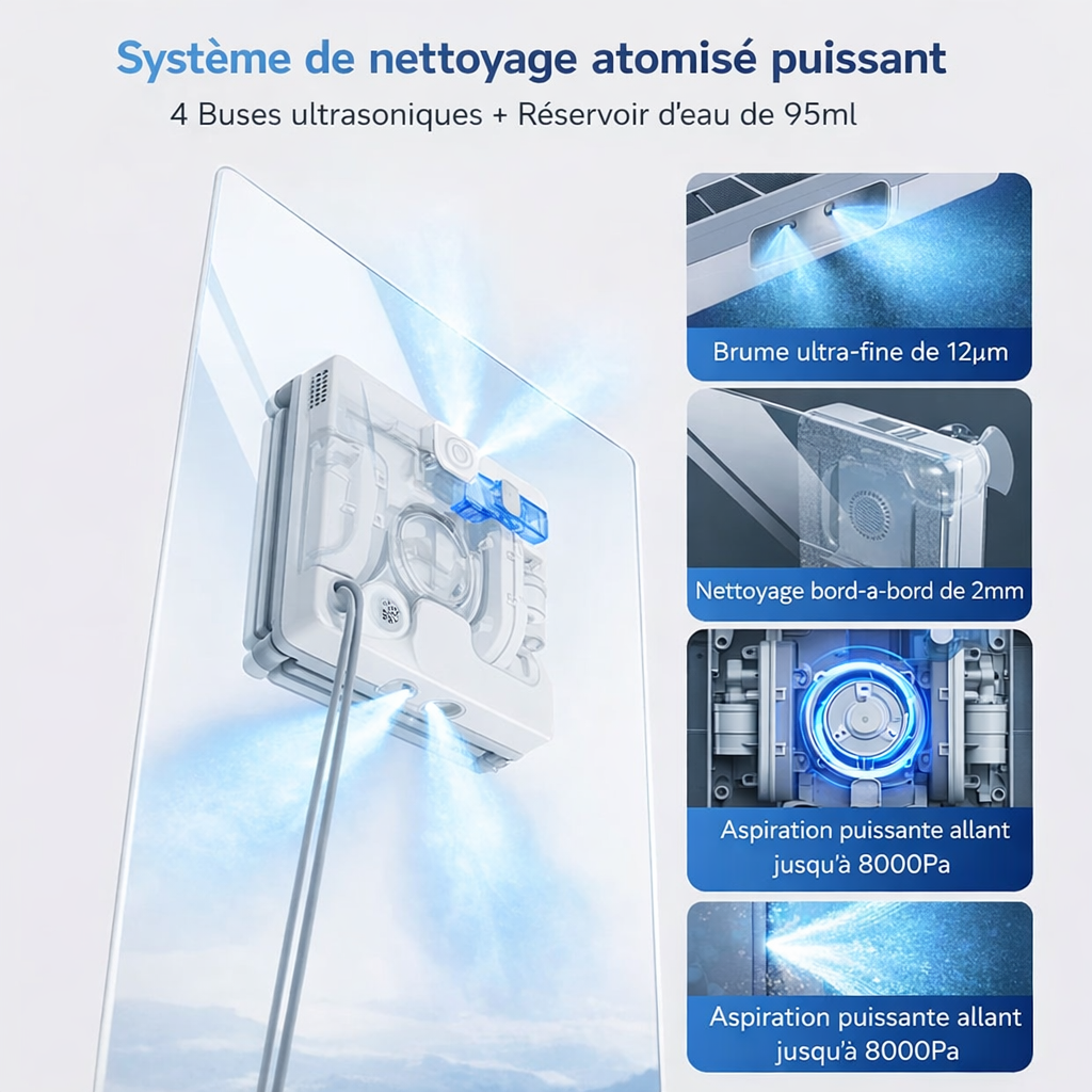 Robot Lave-Vitres Automatique 4 Modes (Z, Profond, Bords, Localisé) – Aspiration Variable 8000 Pa, App + Télécommande, 4 Spray Ultrasonique