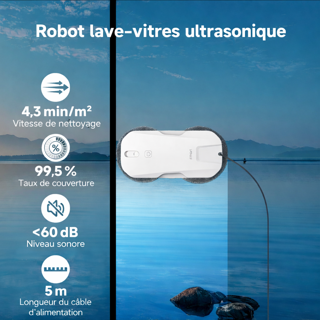 Robot Lave-Vitres Filaire 3 Modes (Rapide/Profondeur/Localisé) – Aspiration 5300 Pa, Télécommande + App, Batterie 30–60 min, 4 Spray Ultrasonique