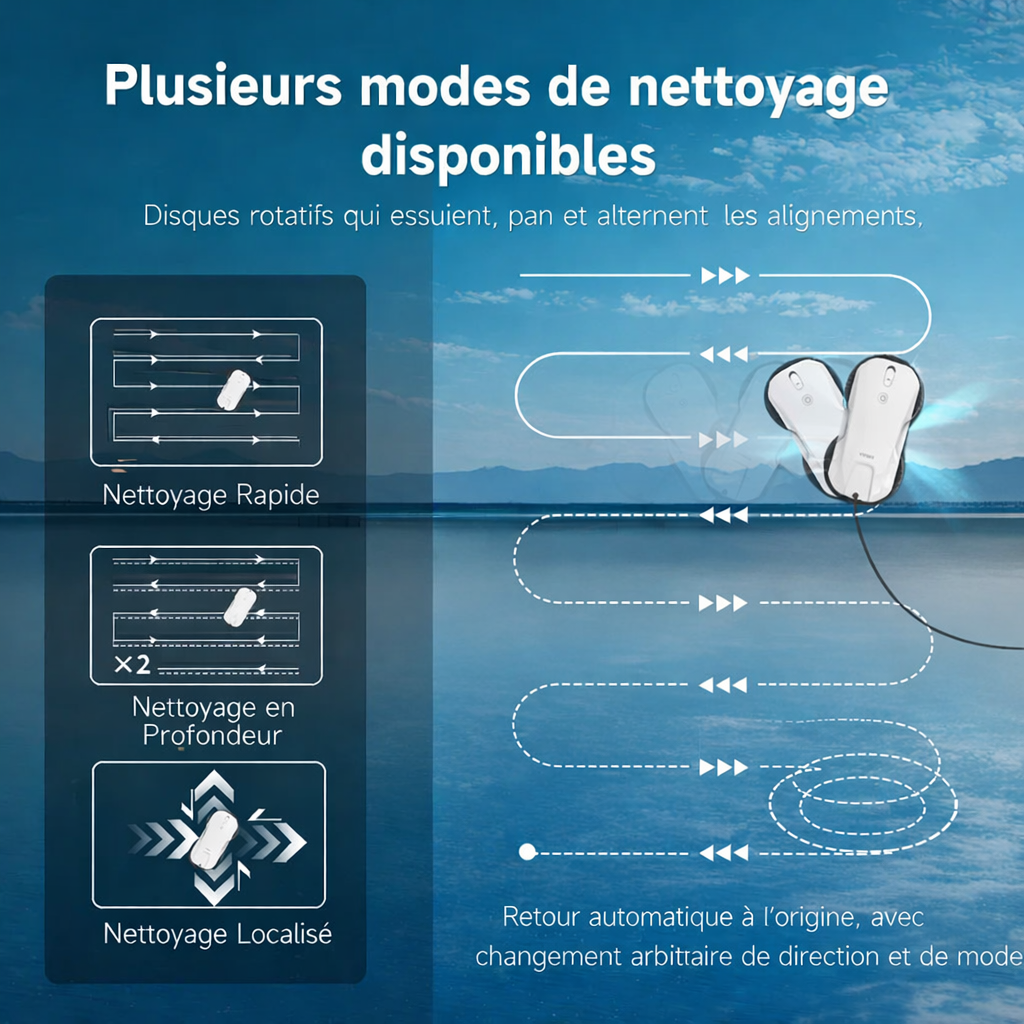 Robot Lave-Vitres Filaire 3 Modes (Rapide/Profondeur/Localisé) – Aspiration 5300 Pa, Télécommande + App, Batterie 30–60 min, 4 Spray Ultrasonique