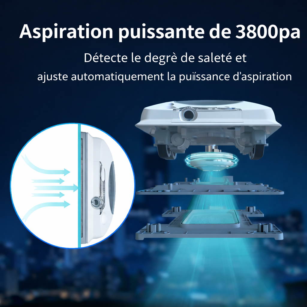 Robot Lave-Vitres 3+ Modes – Aspiration 3800 Pa, Application + Télécommande, Autonomie jusqu’à 180 min, , 2  Spray Ultrasonique